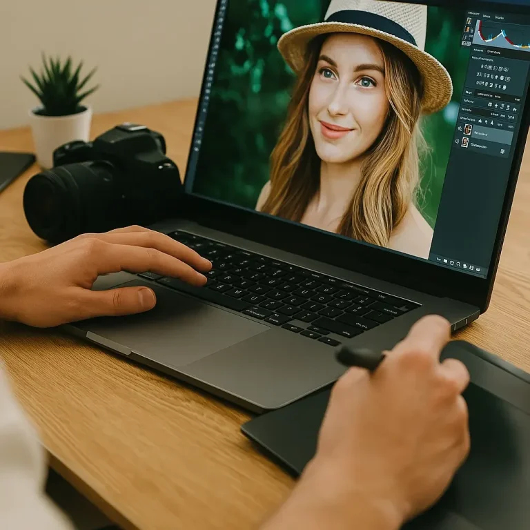 Laptop mit Portraitbearbeitung – professionelle Bildgestaltung für Instagram und Co.
