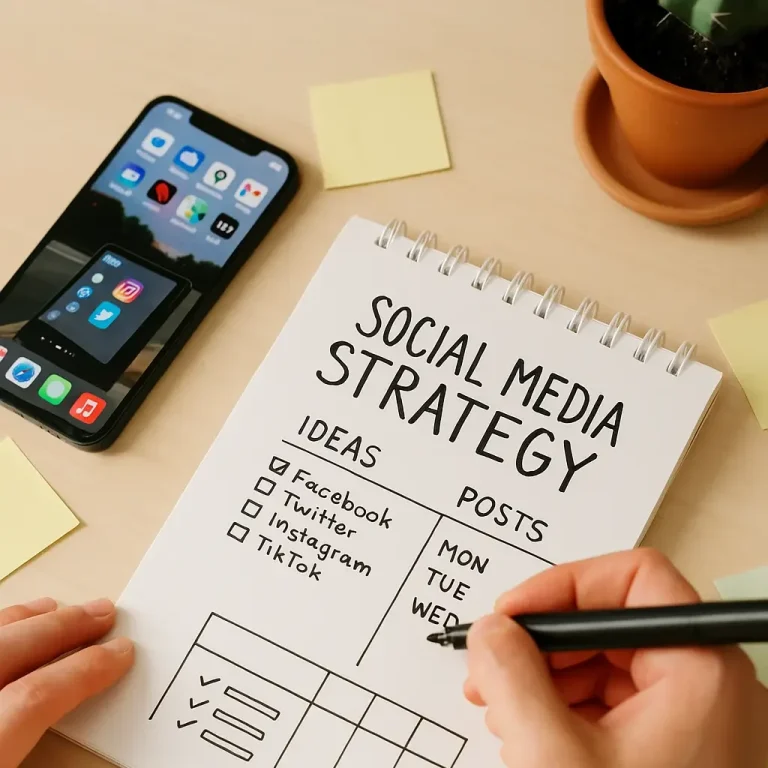 Notizblock mit Social Media Strategy Konzept – individuelle Content-Strategien für Unternehmen in Reutlingen
