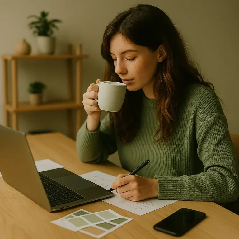 Frau mit Kaffeetasse arbeitet am Laptop, auf dem Tisch liegen Social Media Unterlagen

