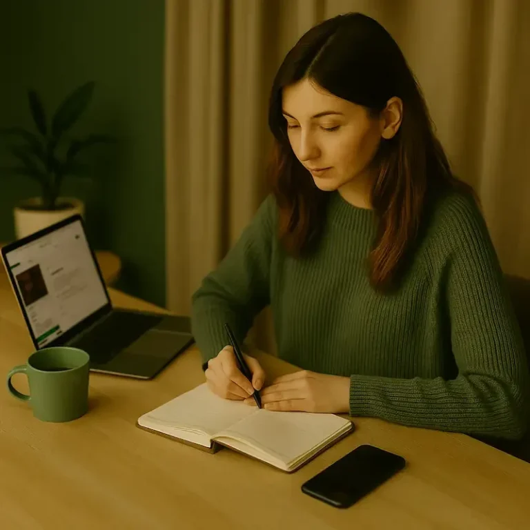 Frau schreibt Content-Ideen in ein Notizbuch – mit Laptop und Kaffee
