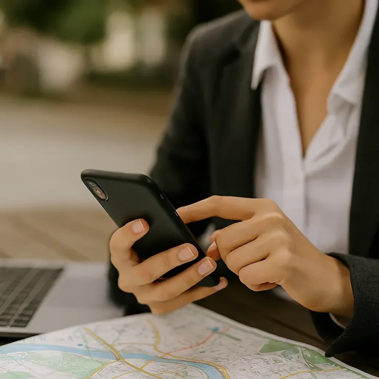 Frau mit Smartphone und Stadtkarte – Social Media Strategie mit lokalem Fokus
