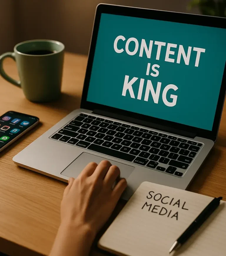 Laptop mit der Aufschrift CONTENT IS KING, Social Media Notizbuch – Symbolbild für Content Creation in Reutlingen