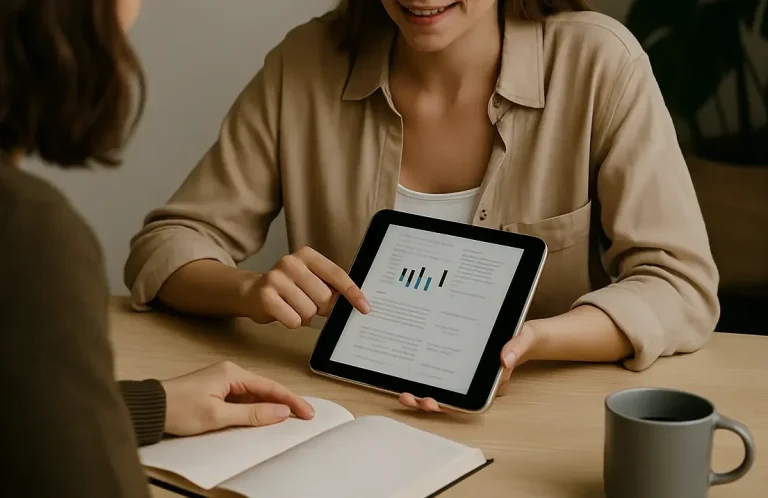 Zwei Frauen im Gespräch mit Tablet – persönliche Beratung und individuelle Content-Strategie
