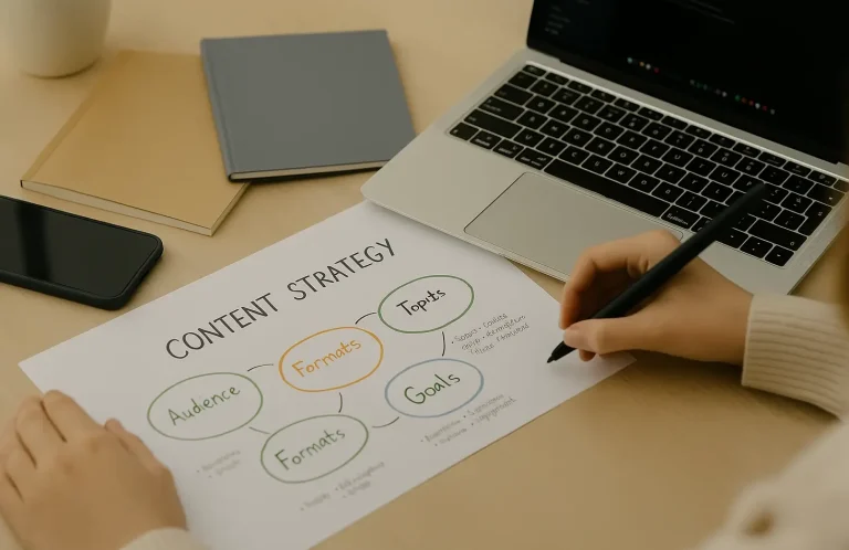 Content Strategy Skizze mit Pfeilen – Planung und Strategie für nachhaltigen Social Media Erfolg
