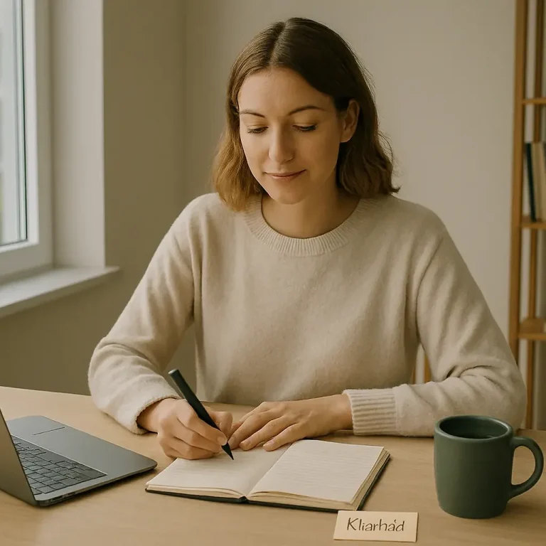 Frau mit Notizbuch und Kaffee – Social Media Planung mit Klarheit und Persönlichkeit
