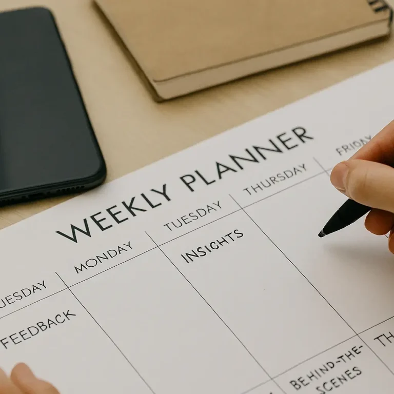Hand mit Stift über Wochenplan – strategische Planung von Social Media Inhalten
