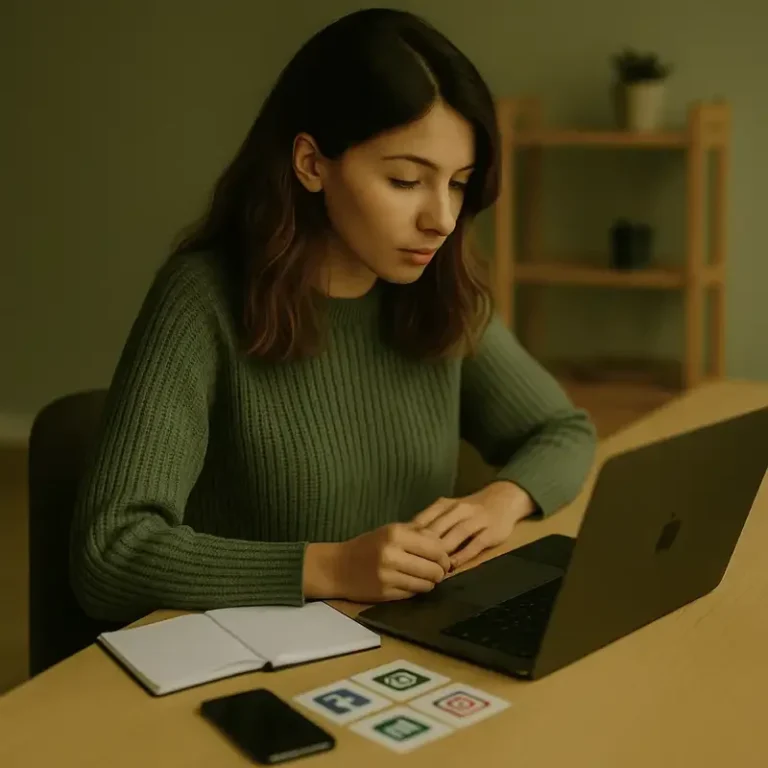 Frau arbeitet am Laptop, daneben liegen Social Media logos auf dem Tisch
