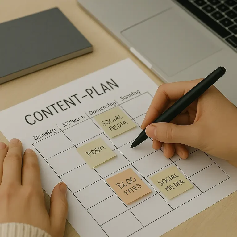 Hand schreibt auf Content-Plan – strukturierte Planung für Social Media Posts
