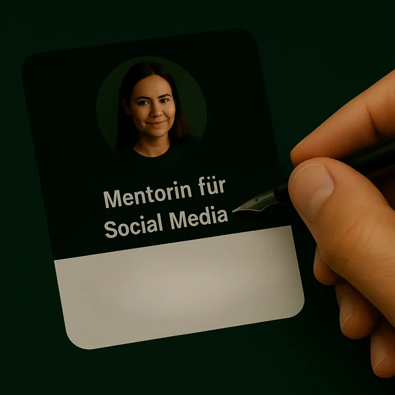Hand schreibt ‚Mentorin für achtsames Marketing‘ auf digitales Profil – Symbol für Klarheit.
