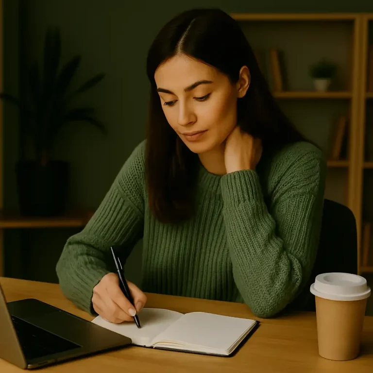 Frau in grünem Pullover schreibt konzentriert in ein Notizbuch neben Laptop und Kaffee.
