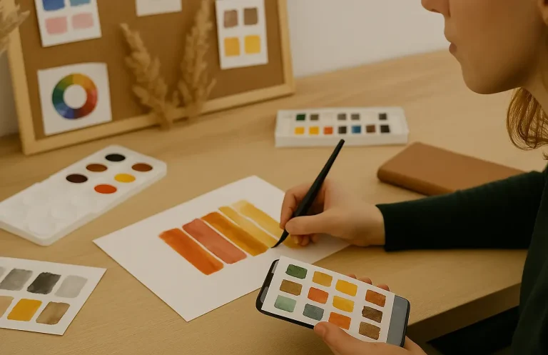 Farbpalette und Tablet mit Farbauswahl – emotionales Social Media Design mit Markenidentität
