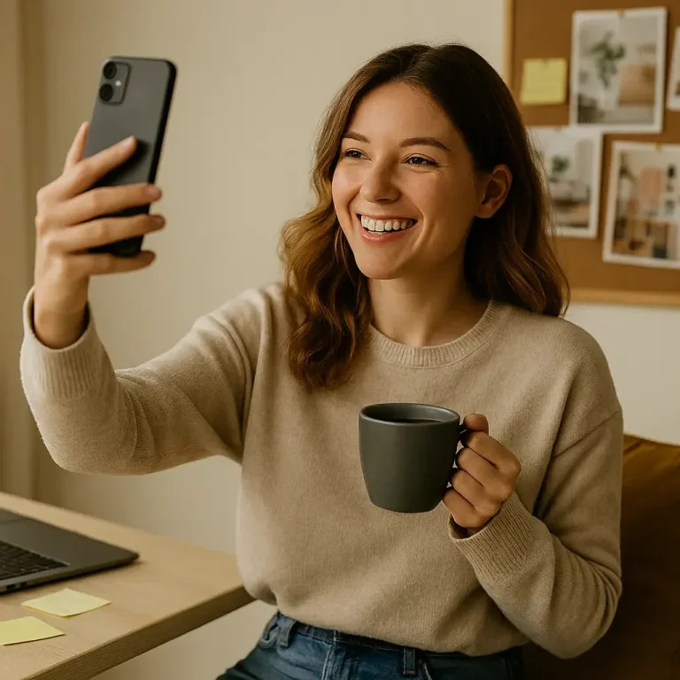 Lächelnde Frau mit Smartphone und Kaffeetasse – authentischer Social Media Content
