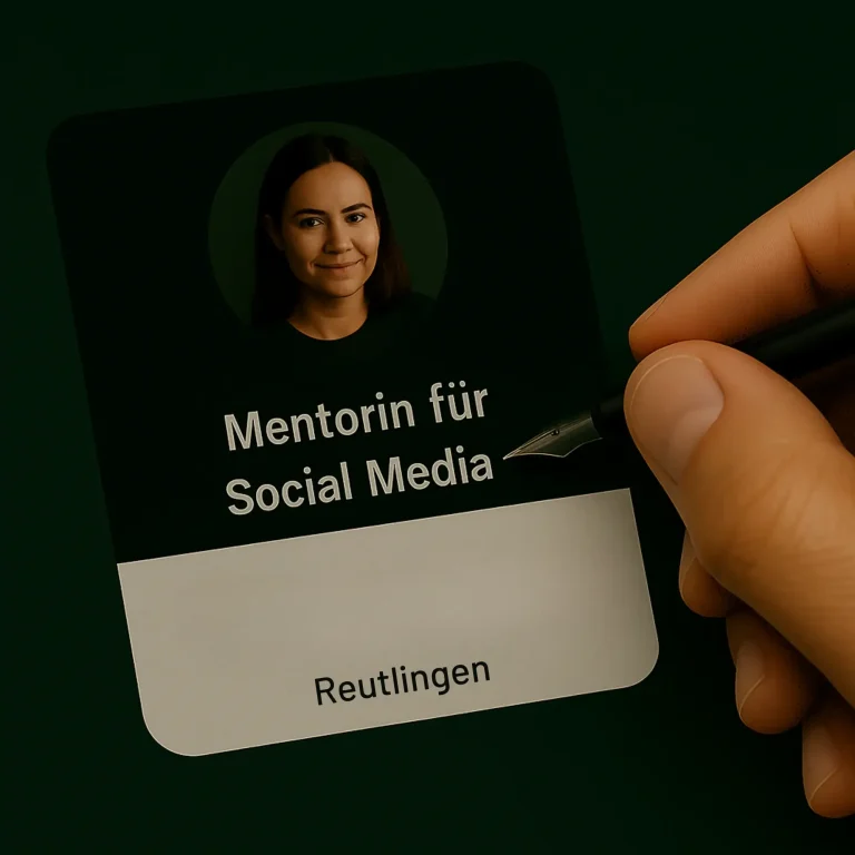 Eine Hand ergänzt den Profiltext um den Standort „Reutlingen“. Das Bild zeigt, wie relevante Keywords gezielt in die Bio eingefügt werden.
